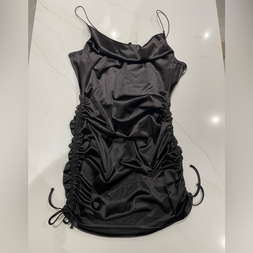 H&M Satin Black Ruched Dress, L